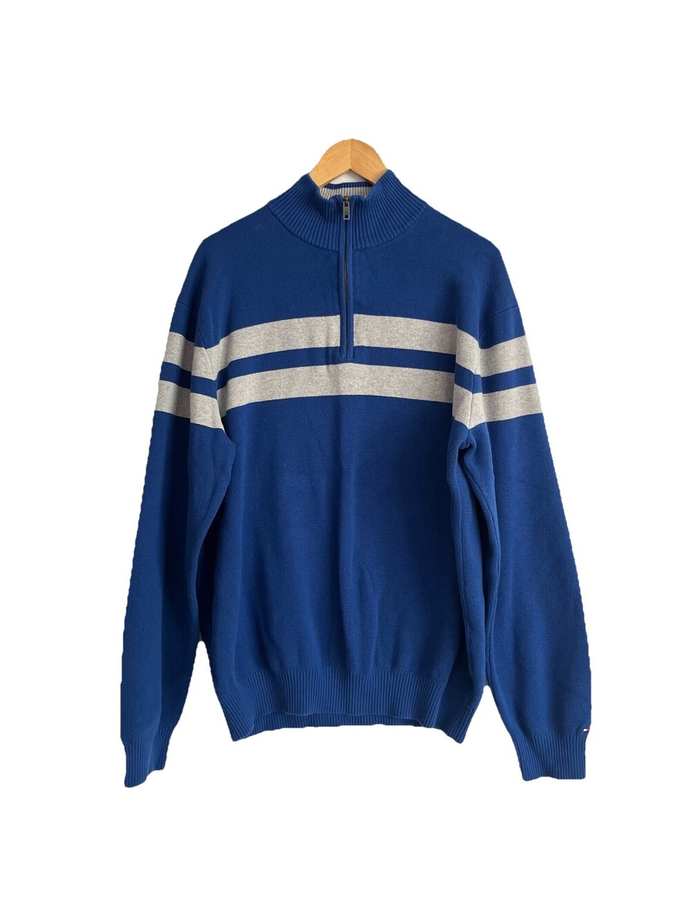 Tommy Hilfiger Sweater Mens XL Blue Gray Stripe 100% Cotton Quarter Zip Pullover
